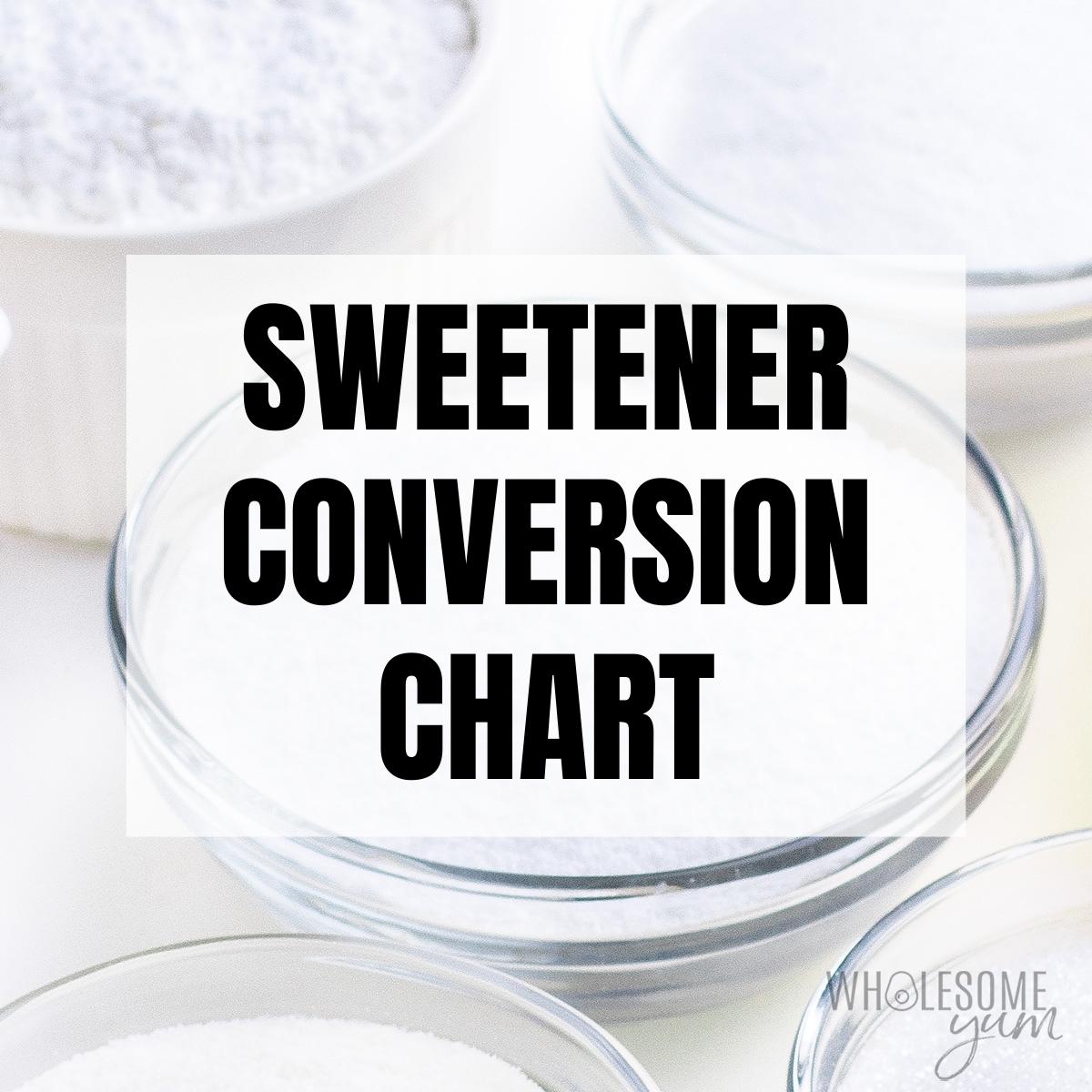 Sweetener conversion chart cover with erythritol, stevia, and monk fruit in bowls.